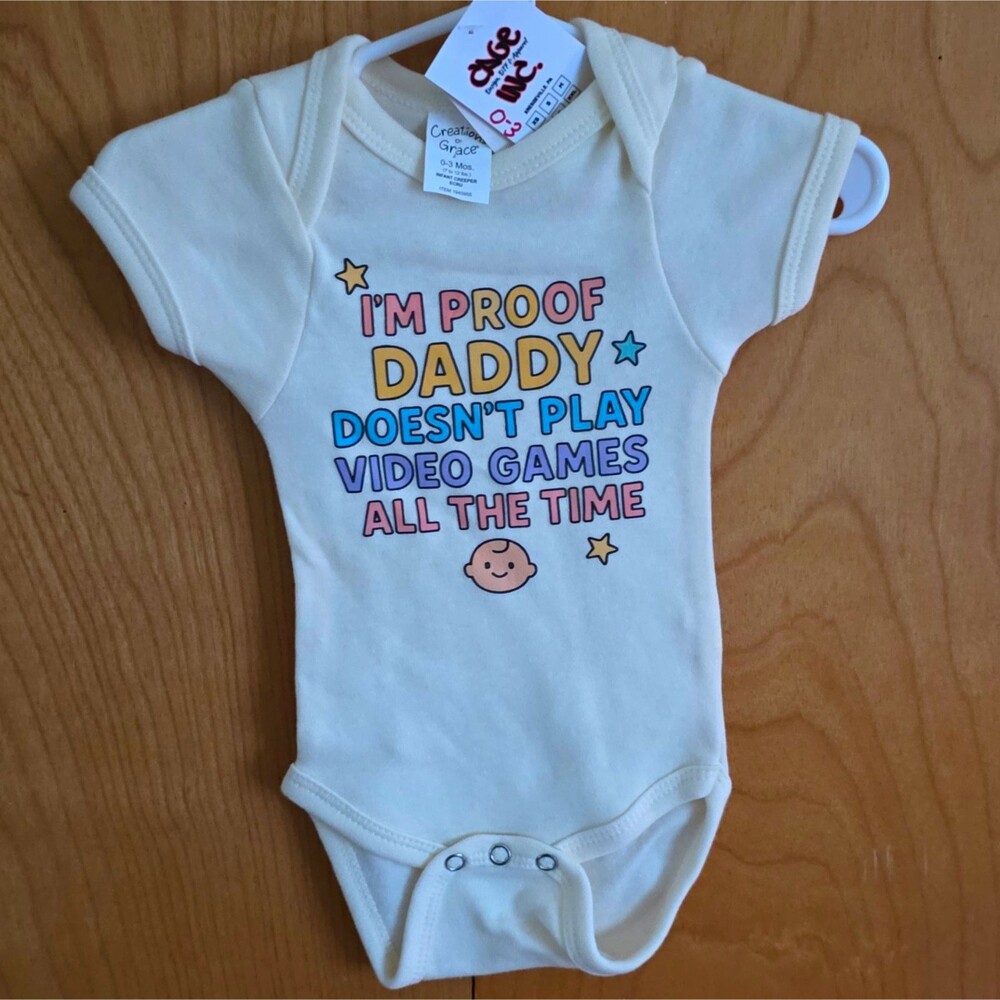 Creations of Grace Beige 0-3M Cotton Short Sleeve One piece Dad Video Games